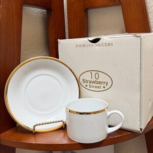 NEW…Set Of 4 10 Strawberry Street Gold Rim White Cup and Saucer Set
